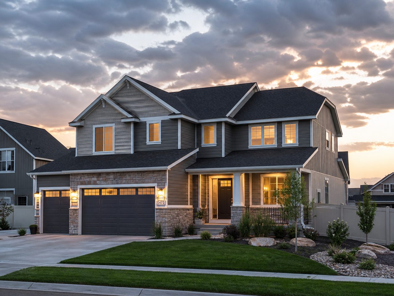 Two-story Utah home at dusk with warm interior lights after roof replacement
