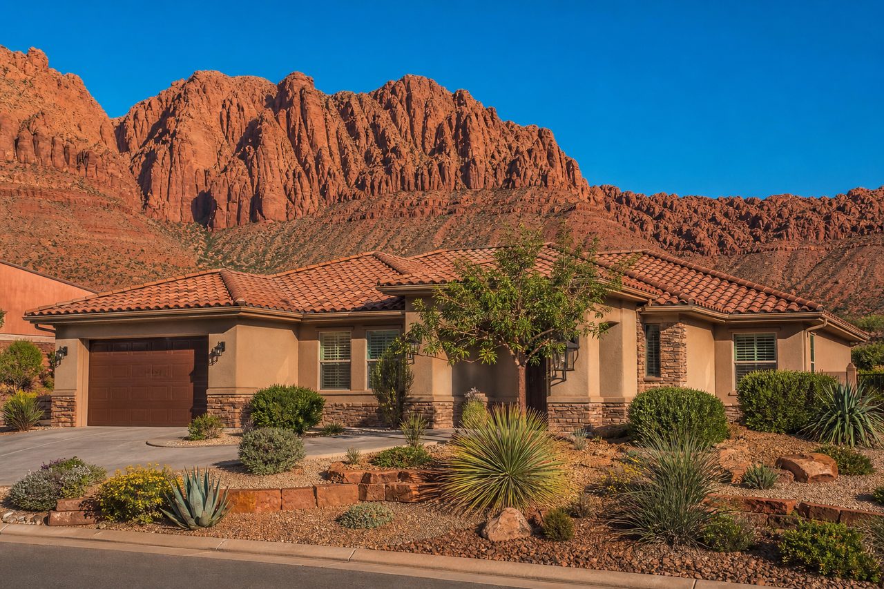 Single-story Ivins, Utah home with a new tile roof and desert landscaping below red rock cliffs